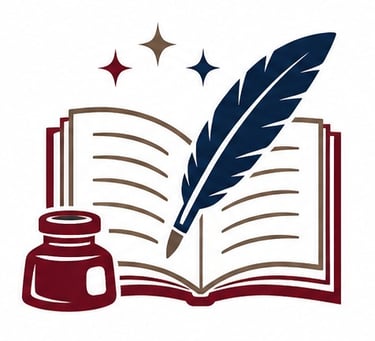 A professional author icon featuring an open book, quill pen, and ink bottle.