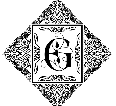 Logo noir de l'auteure Elisabet Guillot - La lettre G stylisée pour la littérature de l'imaginaire dans un cadre décoratif.