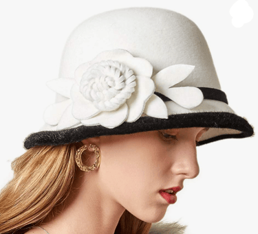 Women's Cloche Hat 1920s Winter Bucket Hat Vintage Church Elegant Flower Off White with Black Trim