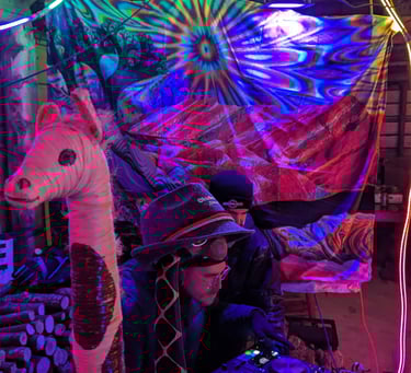 dj immersed in psychedelic imagery