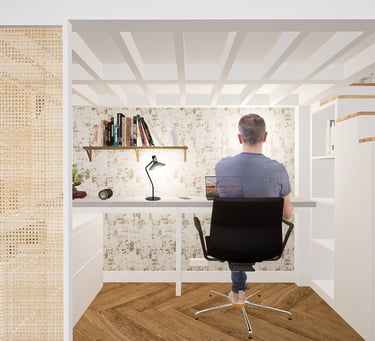 un homme qui travaille à son bureau sous un lit mezzanine