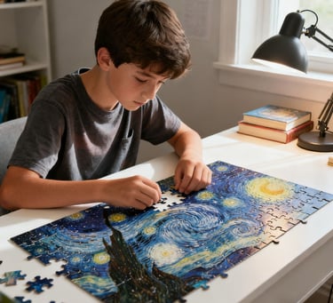 A boy is doing a jigsaw puzzle.