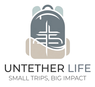 Untether Life backpack logo with a cross symbol, featuring the tagline ‘Small Trips, Big Impact'