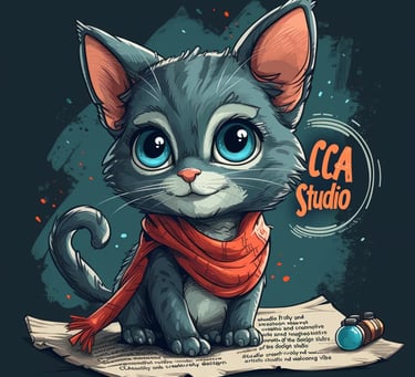 alt="Mascotte chat CCA Studio avec écharpe rouge - Spécialiste création mascottes entreprises"