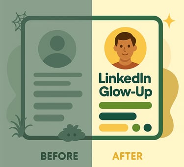 Whimsical graphic for LinkedIn profile update services, LinkedIn optimization, LinkedIn glow up