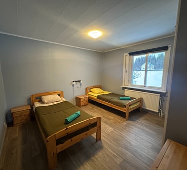 a bedroom with two beds and a window