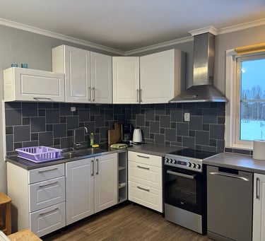 a kitchen with a stove top oven and a dishwasher