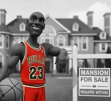 Cartoon monochrome of Michael Jordan standing in front of mansion for sale.