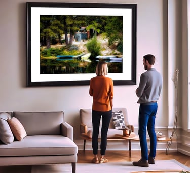 a man and woman standing in front of a fine art print on the wall.