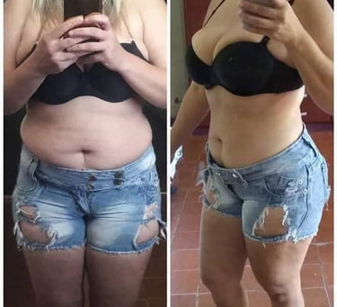 Foto de antes e depois com foco em exercícios de baixo impacto e dieta balanceada.