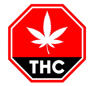 A red and black octagonal warning symbol featuring a white cannabis leaf and the text THC.
