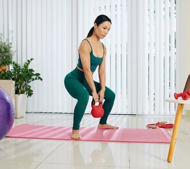 a woman in a green sports bra and a kettle bell
