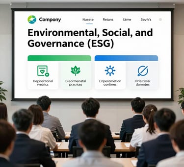 Professional audience watching a corporate presentation on Environmental, Social, and Governance (ESG) principles.