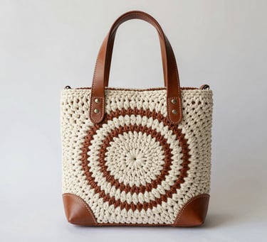 Close-up of artisan hands delicately crocheting a pastel khaki bag in a warm, sunlit workspace.
