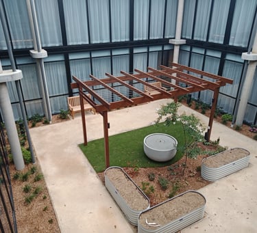 Wood grain aluminium pergola with stainless wire for climbing plants