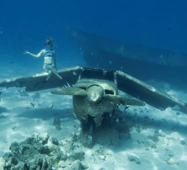 Femme faisant de l'apnée sur une épave d'avion