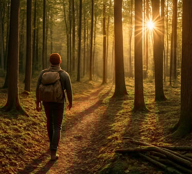Solo hiker walking through sunlit pine forest symbolizing mental focus, backcountry trekking, and survival resilience