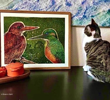 Batik painting, kingfishers, batik commission, art for cats, batik art, Shuen-Li Spirit, batik art