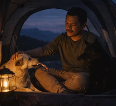 armando masuk kemah bersama dua ekor anjing