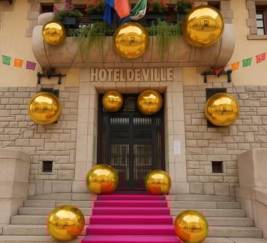 boules géantes suspendues à une façade