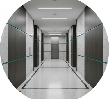 Modern luxury elevator lobby with marble walls, dark wood panels, and linear recessed ceiling lighting.