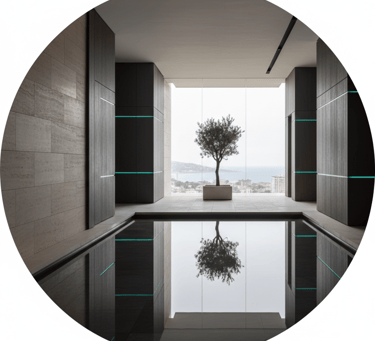 Luxury modern indoor reflection pool with a minimalist olive tree and ocean view through floor-to-ceiling windows.