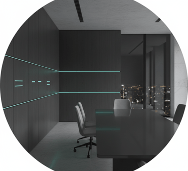 Modern futuristic conference room with dark wood paneling, neon lights, and a city view.