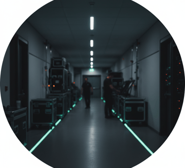 Technicians working in a data center hallway with server equipment and neon floor lighting.