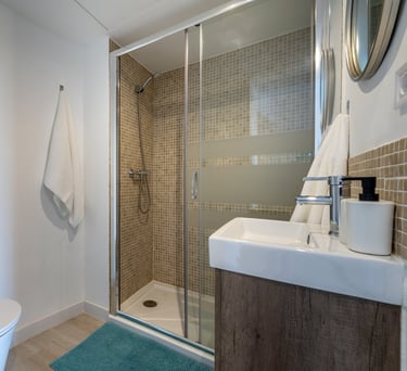 a bathroom with a shower and a toilet
