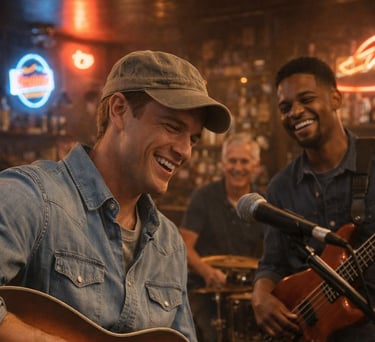 a man playing guitar in a bar with a microphone and a microphone