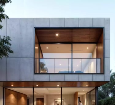 render de fachada de casa moderna de lujo con volúmenes de concreto, madera y ventanales panorámicos en barranquilla