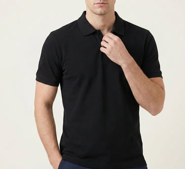 a man in a black polo t-shirt and blue pants