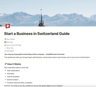 a website page with a picture start a business in Switzerland guide