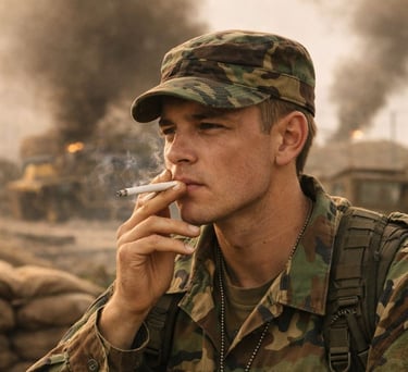 a man in a military uniform smoking a cigarette