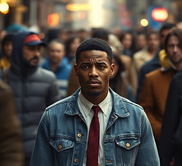 a man in a suit and tie standing in a crowded street