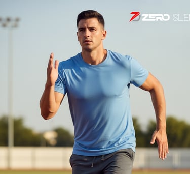 a man running on a track with a blue t-shirt