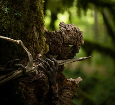 Sculpture masque d’écorce suspendue dans un environnement forestier, œuvre de Samuel Chazot explorant le lien entre art et na