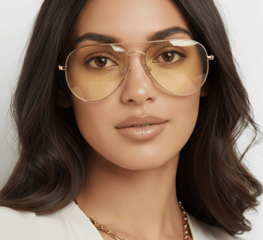 a woman wearing a white shirt and sunglasses with yellow tint