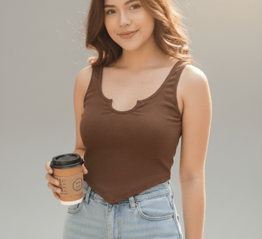 a woman in a brown tank top and jeans