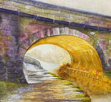 Watercolour of Snaily Bridge in Congleton with sunset reflecting off icy canal
