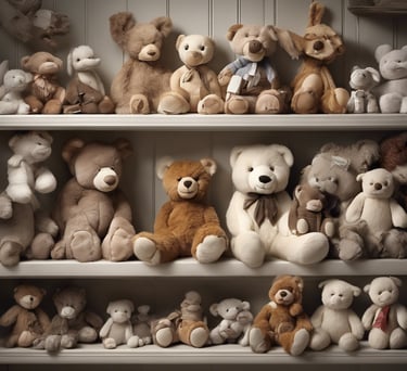 étagère rempli d'ours et d'animaux en peluches doudous