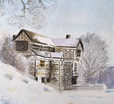 Watercolour snow scene of Mossley Hall