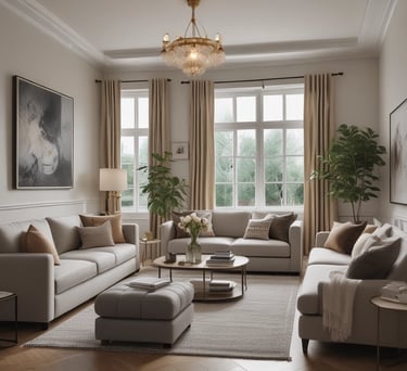 a living room with a chandelier and a chandelier