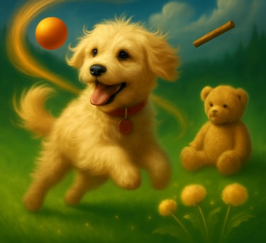 a dog is playing with a ball, stick and stuffed bear in the grass