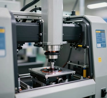 Close-up of a high-tech manufacturing facility in Estonia, focusing on clean automated machinery and bright, neutral lighting, professional photography.
