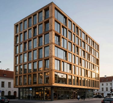 Modern architecture in Tallinn, featuring sustainable timber and glass design, shot during the soft golden hour, Northern European / Baltic / Estonian.