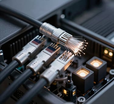 Macro shot of silver fiber optic cables and server lights, representing Estonia's digital infrastructure, high-contrast professional style.