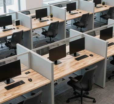 Clean, high-angle shot of a modern Estonian tech workspace with light wood surfaces, glass partitions, and a palette of pale grey and muted blue, Northern European / Baltic / Estonian style.