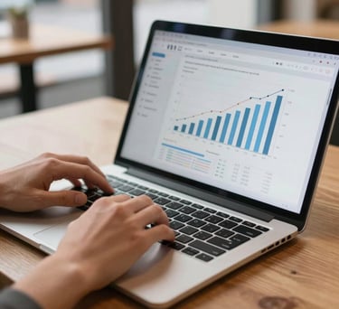 Detailed shot of a person's hands using a laptop showing business charts, sitting in a bright cafe in Telliskivi Creative City, Northern European / Baltic / Estonian.