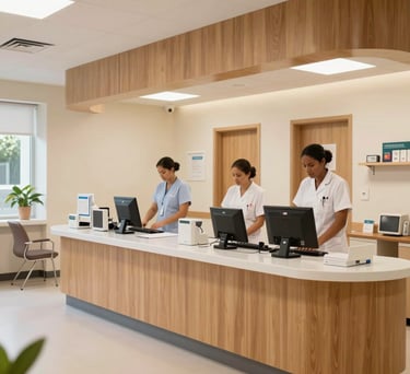 A clean and modern nursing station in Mauritius, designed with soft colors and wood accents to maintain a professional yet warm feel. Staff members are visible in the background working quietly.